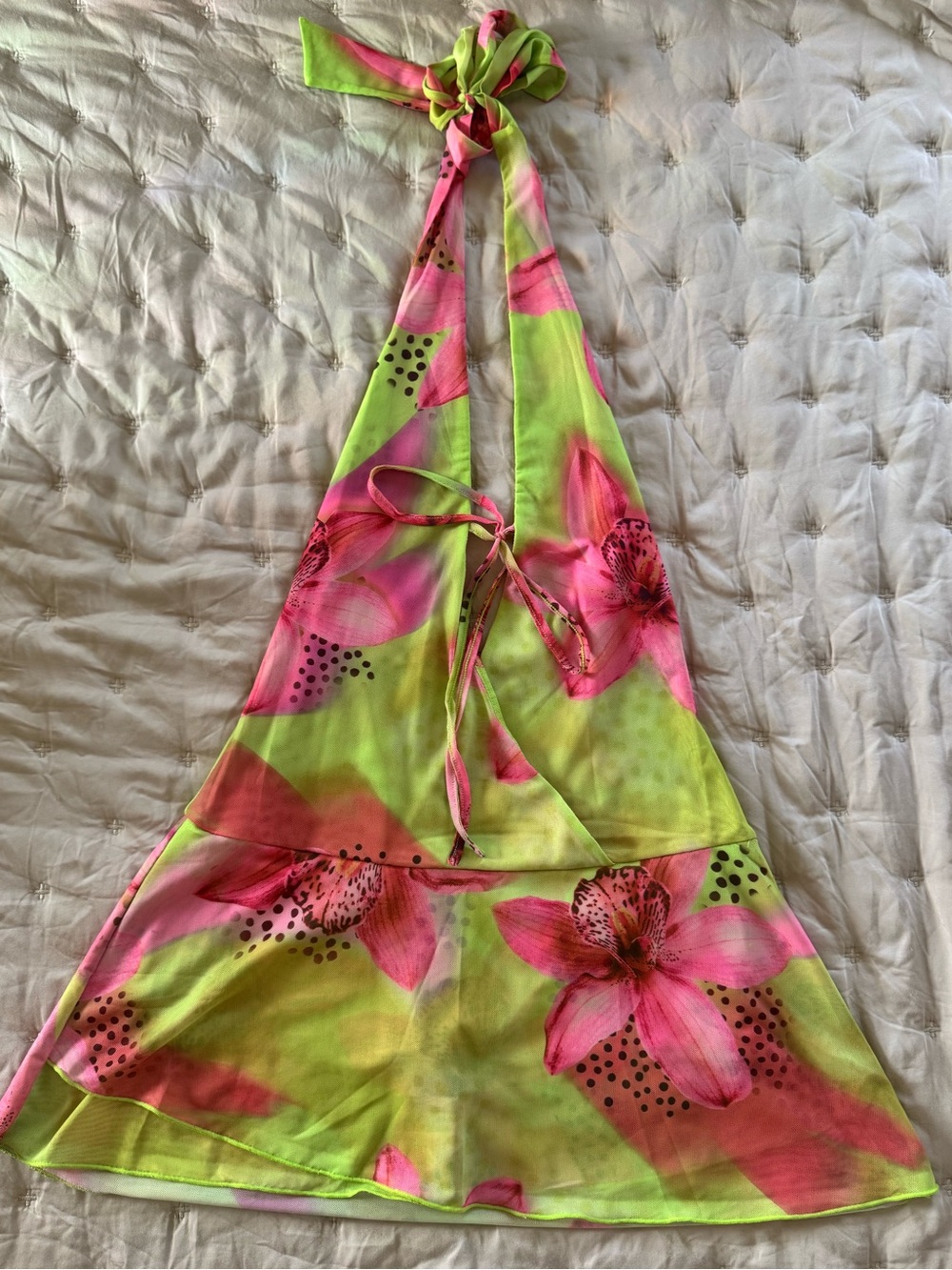 White Fox Tropical Neon Floral Mesh Halter Dress with built in shorts